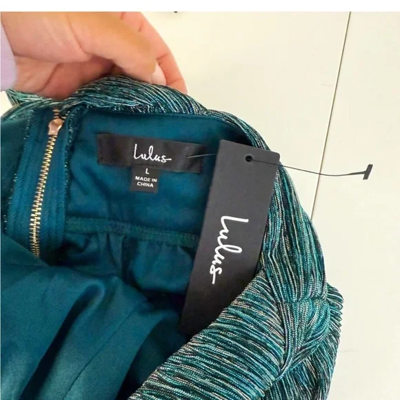 NWT Lulus Teal Blue Gold Shimmer Mini Skater Dress - Size L - Picture 6 of 6